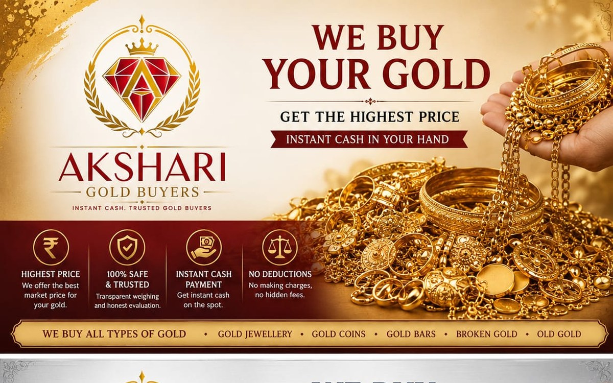 Akshari Gold Buyers poster: we buy your gold and silver, instant cash in your hand